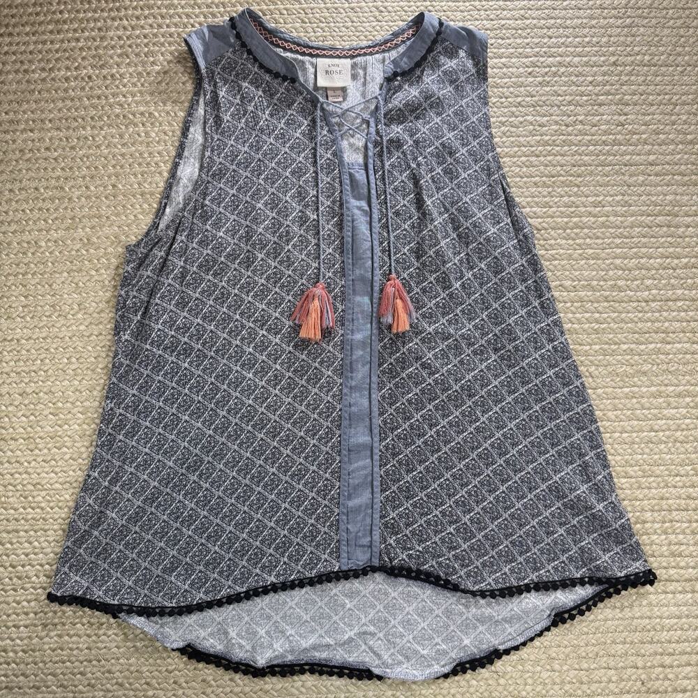 Soft Surroundings Sleeveless Blue Tassel Split-Neck Top
